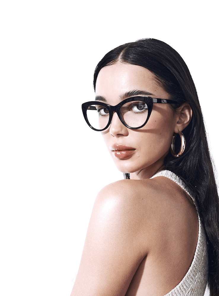 Duże kocie okulary korekcyjne Youl Nosy w kolorze czarnym na modelce