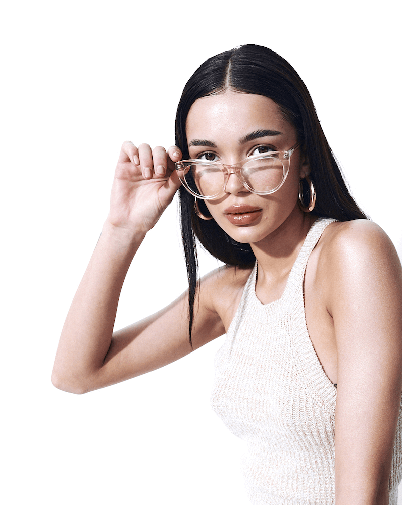 Duże kocie okulary korekcyjne transparentne Youl Nosy na modelce